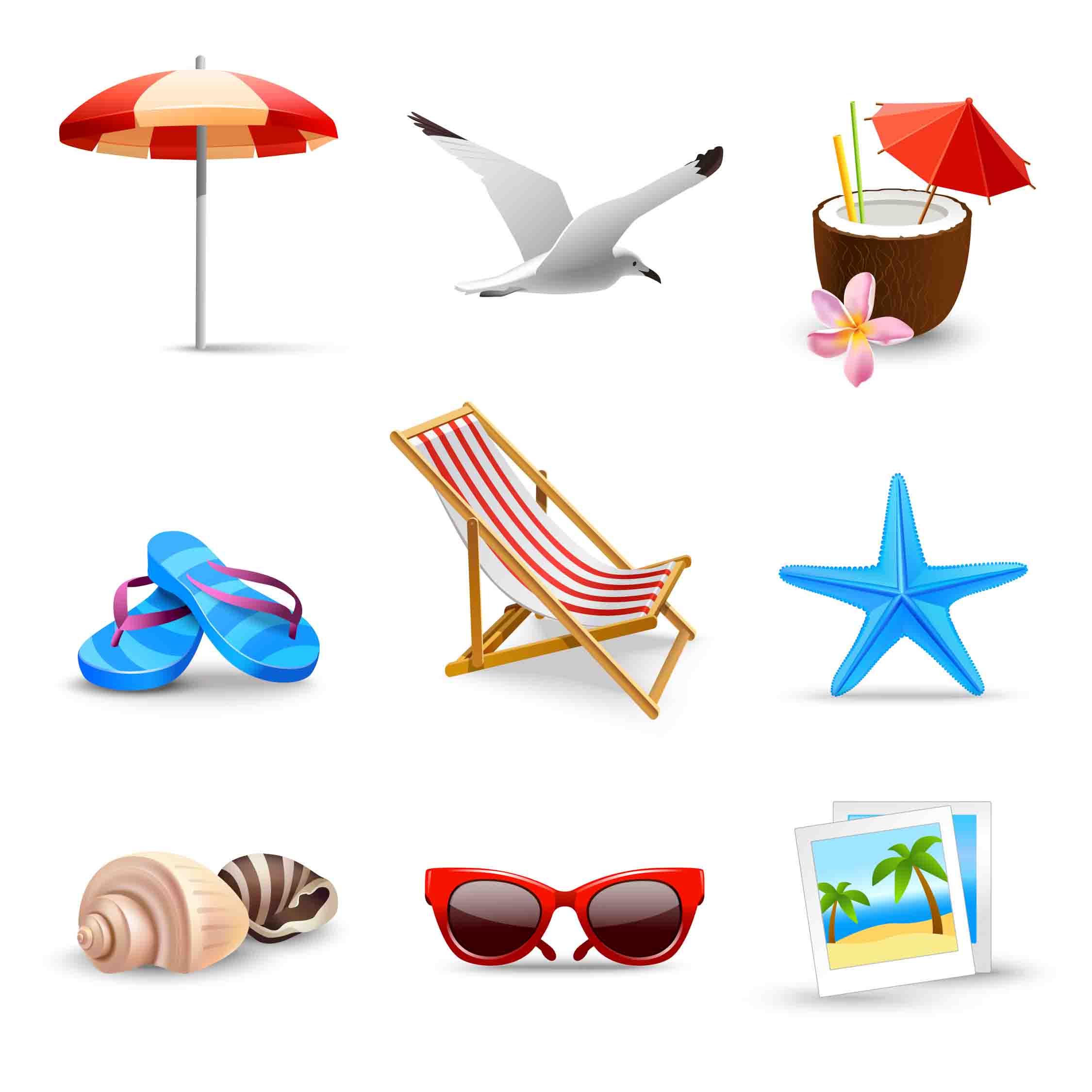 Ícones realistas de férias de verão à beira-mar praia conjunto ilustração vetorial isolada