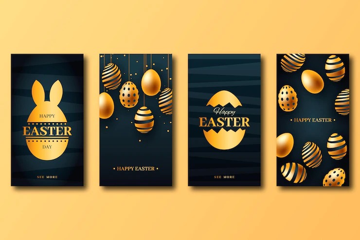 post pronto para instagram pascoa vetor stories preto e dourado