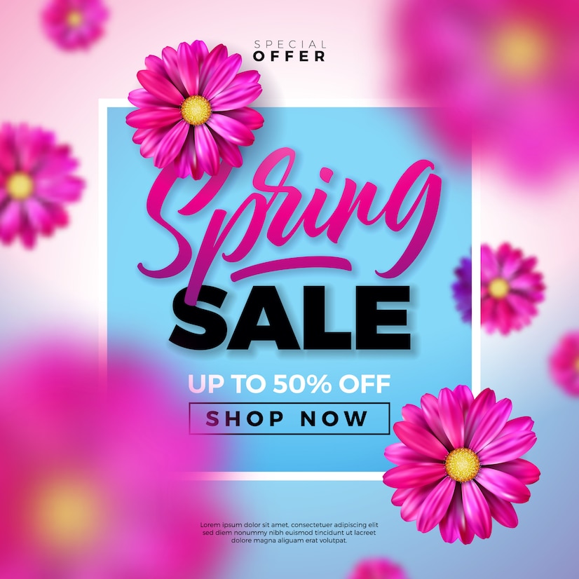 modelo de design de venda primavera com flores coloridas e carta de tipografia sobre fundo azul 1314