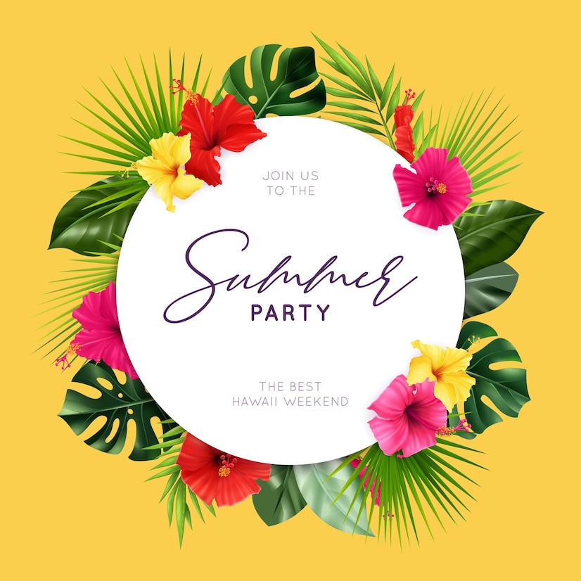 panfleto de festa de verao com composicao realista de hibiscos 1284 54625