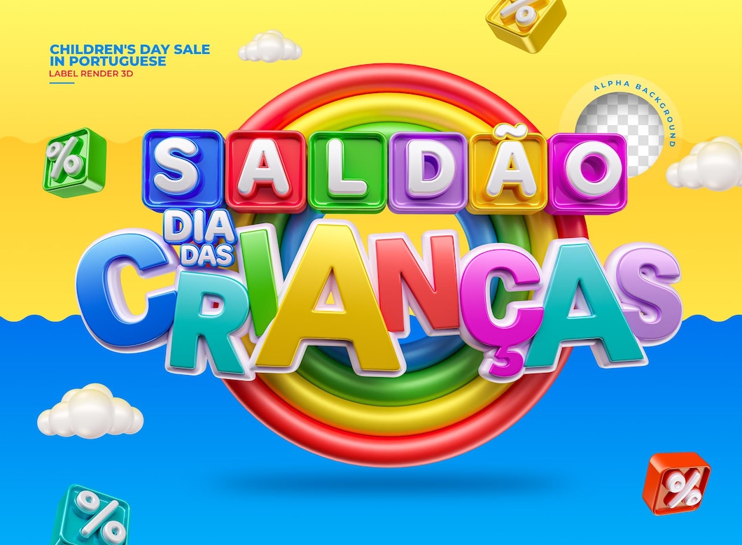 etiqueta de venda do dia das criancas em renderizacao 3d para campanha de marketing no brasil em por