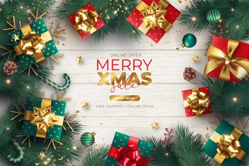 banner de fundo de natal gratis realista com enfeites e presentes 1361 3184