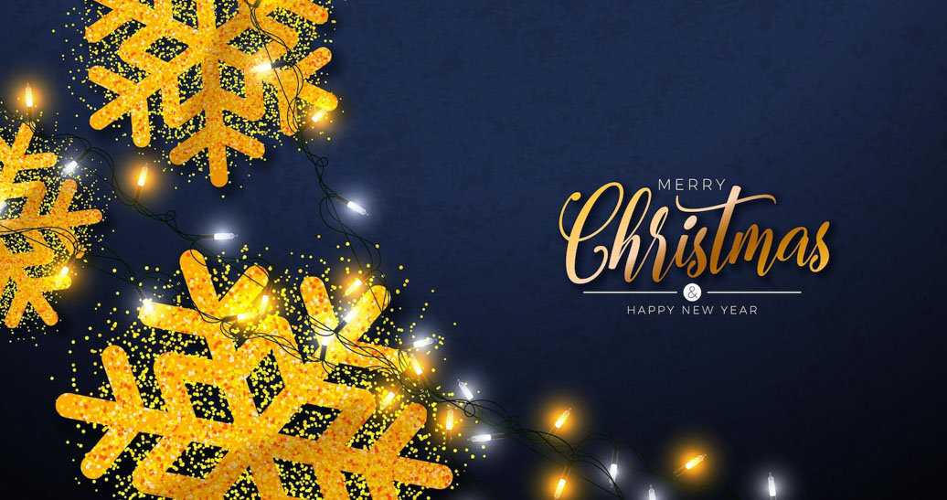 ilustracao de feliz natal com luzes de flocos de neve de ouro brilhante guirlanda e letras de tipogr
