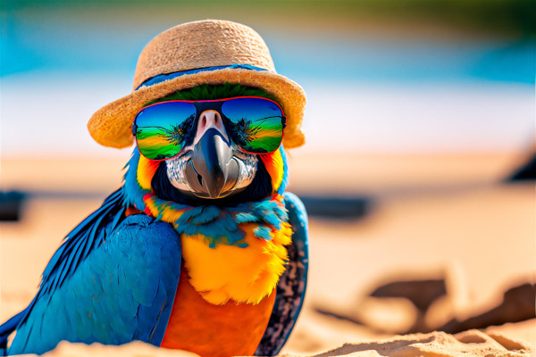 arara de oculos e chapeu na praia no verao