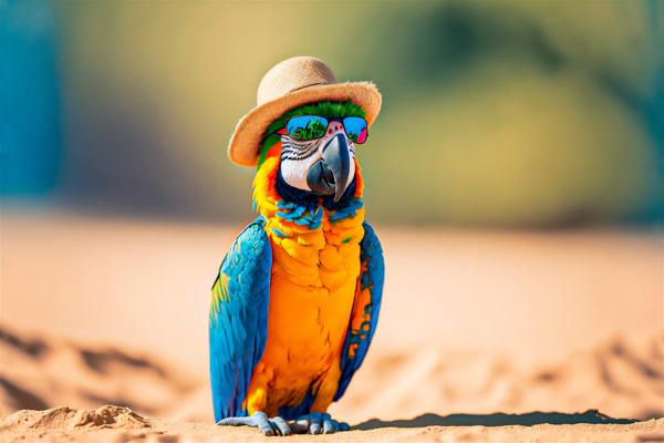 imagem de arara colorida na areia da praia oculos chapeu