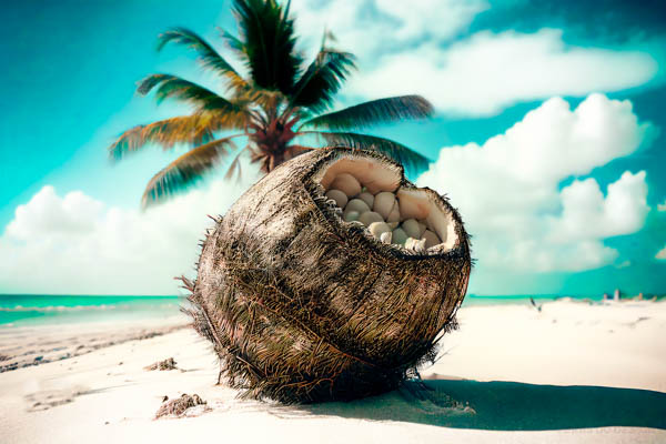 4 ilustracao de coco na areia da praia feras do design