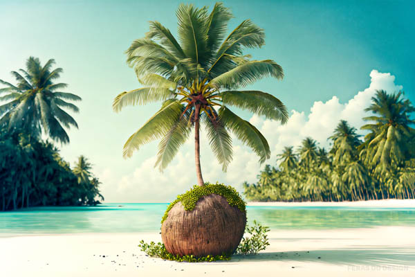 7 ilustracao de coqueiro em cima de coco no mar da ilha deserta ao fundo feras do design