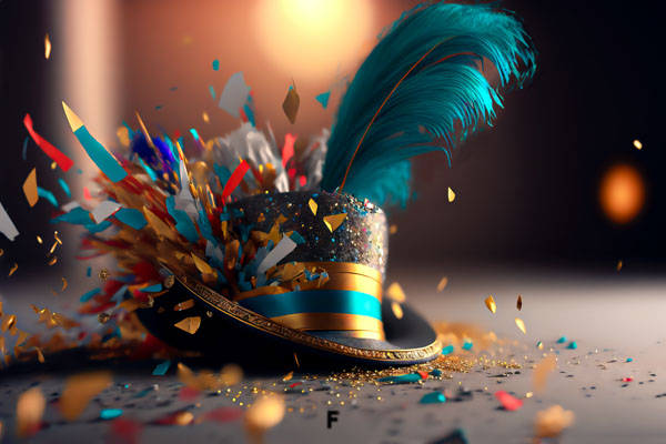 fundo carnaval de chapeu com confete e penas azuis feras do design 01