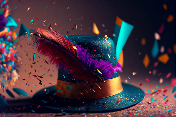 fundo chapeu de carnaval confete penas coloridas feras do design 04