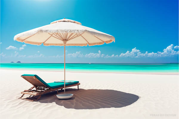 imagem de espriguicadeira na praia com guarda sol no verao