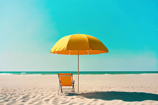 imagem de praia com guarda sol verao amarelo na areia de frente para o mar
