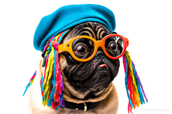 pug em chapeu colorido e oculos lingua para fora e fitas 2