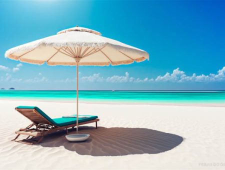 imagem de espriguicadeira na praia com guarda sol no verao